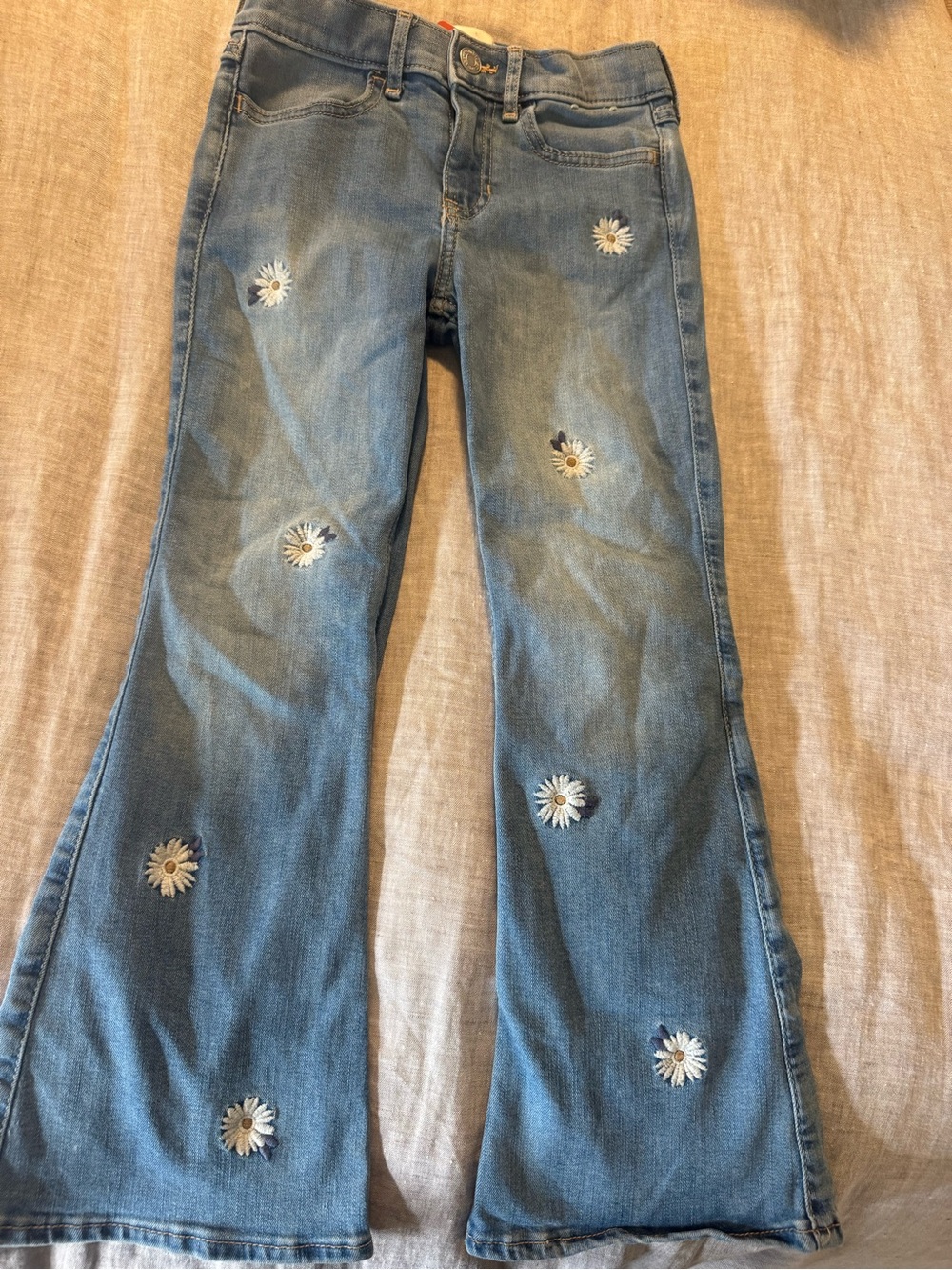 Girls' Blue Denim Daisy Embroidered Flare Jeans
